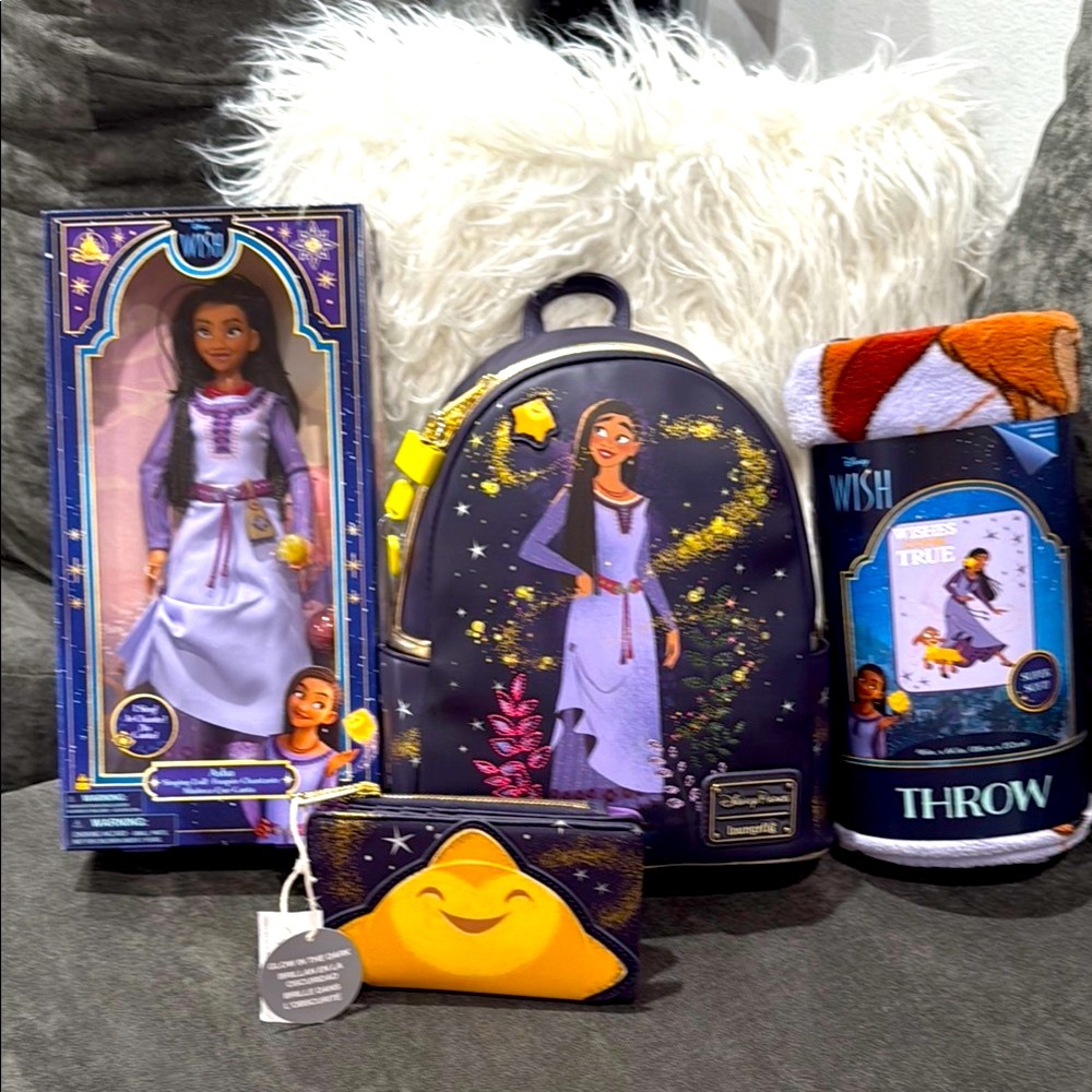 Loungefly Asha Wish Princess singing Doll Backpack&wallet Set with Throw Blanket